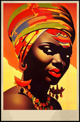 Vibrant Elegance: Woman with Colorful Headwrap and Bold Accessories Poster