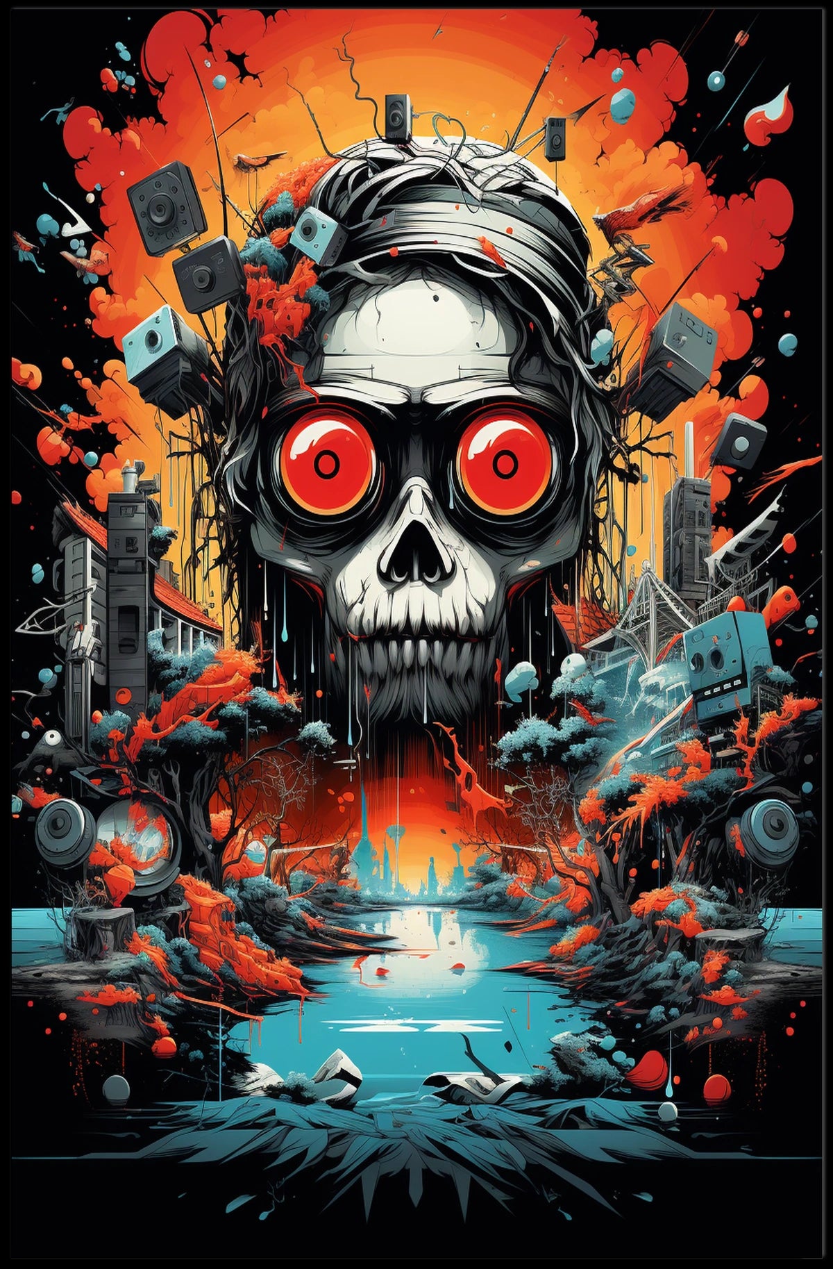 Psychedelic Skull with Industrial Chaos Abstract Artistic Poster