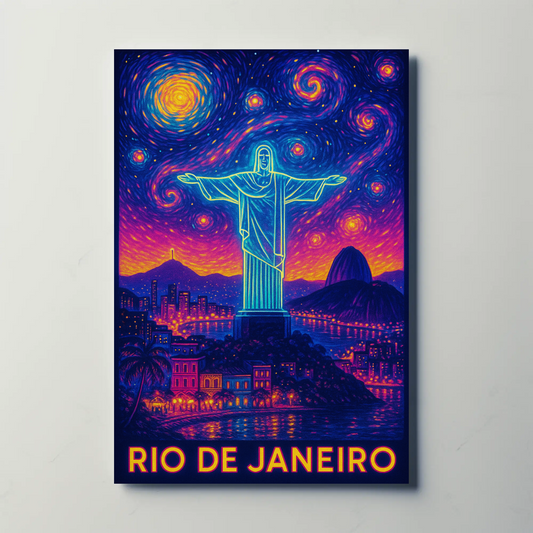 Rio De Janeiro Christ Neon Night Sky Travel Poster