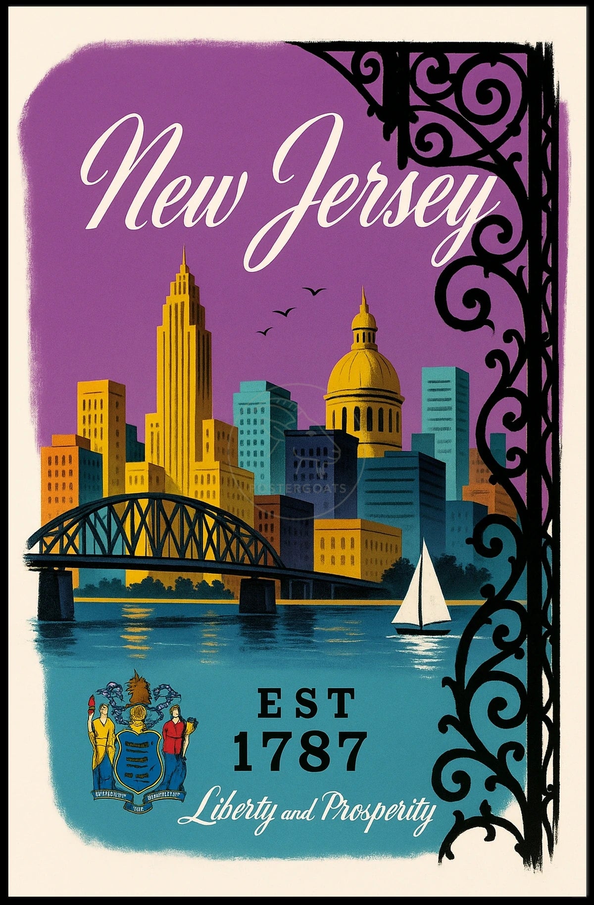 New Jersey Cityscape with Sailboat Urban or Cityscape Poster