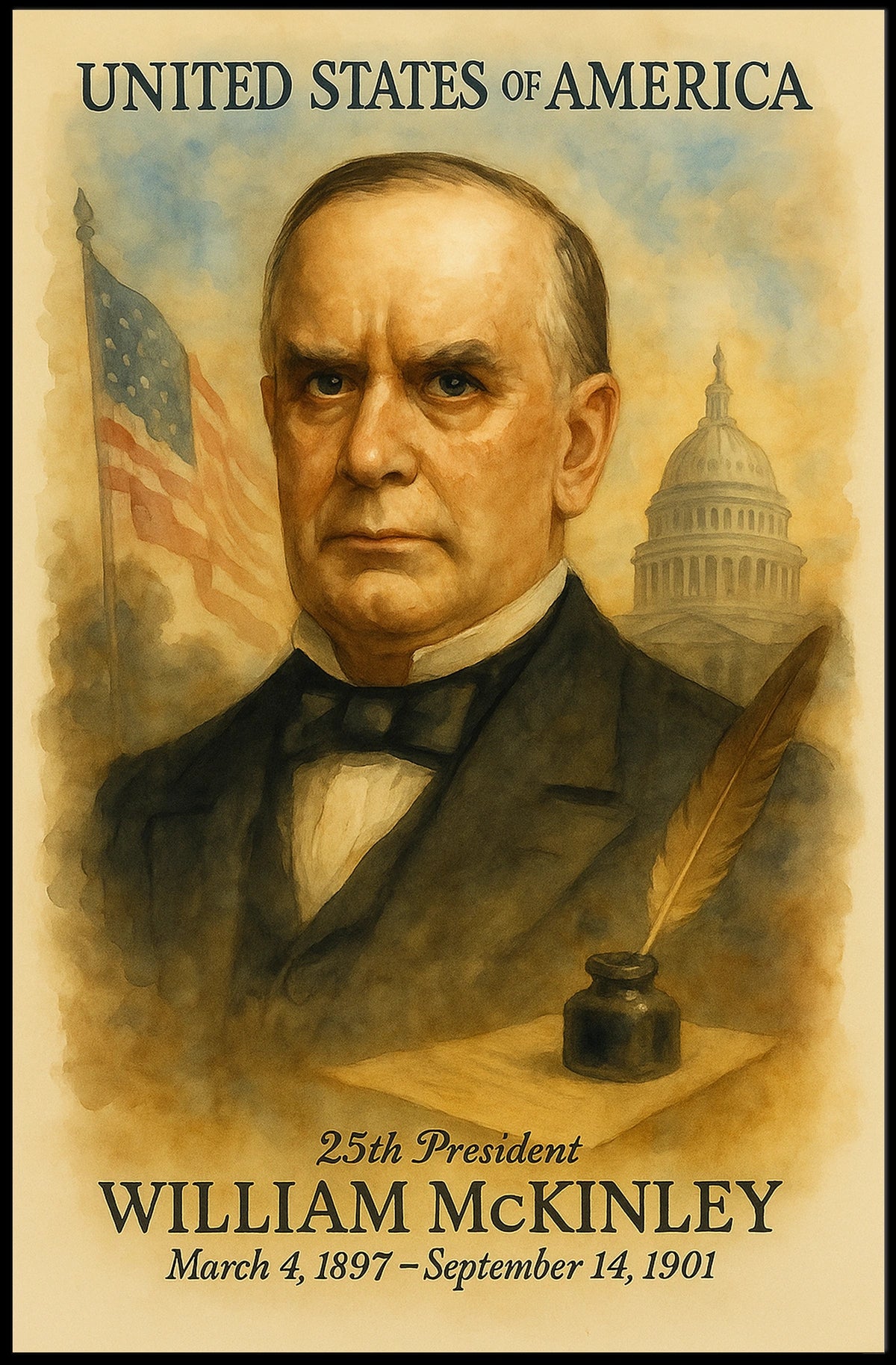 William McKinley 25th President of the United States Vintage Watercolor Poster