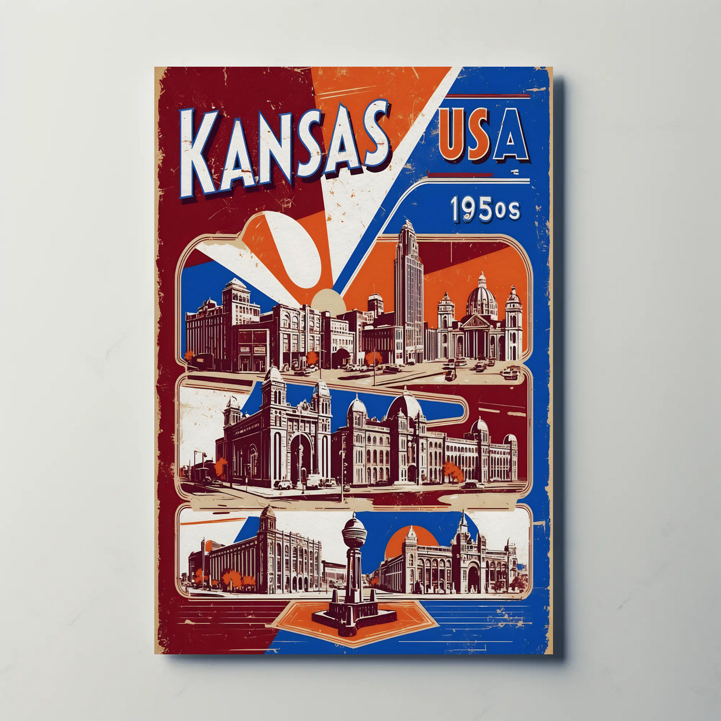 Kansas USA 1950s Grand Structures Vintage Maroon Travel Poster