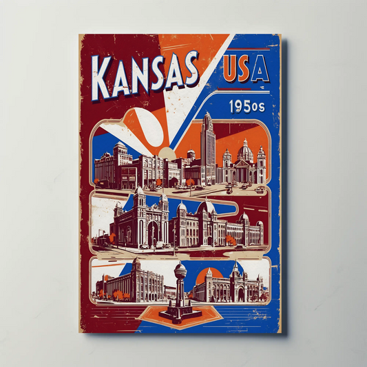 Kansas USA 1950s Grand Structures Vintage Maroon Travel Poster