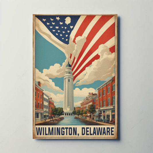 Wilmington Delaware Tower And Flag Streetscape Vintage Travel Poster
