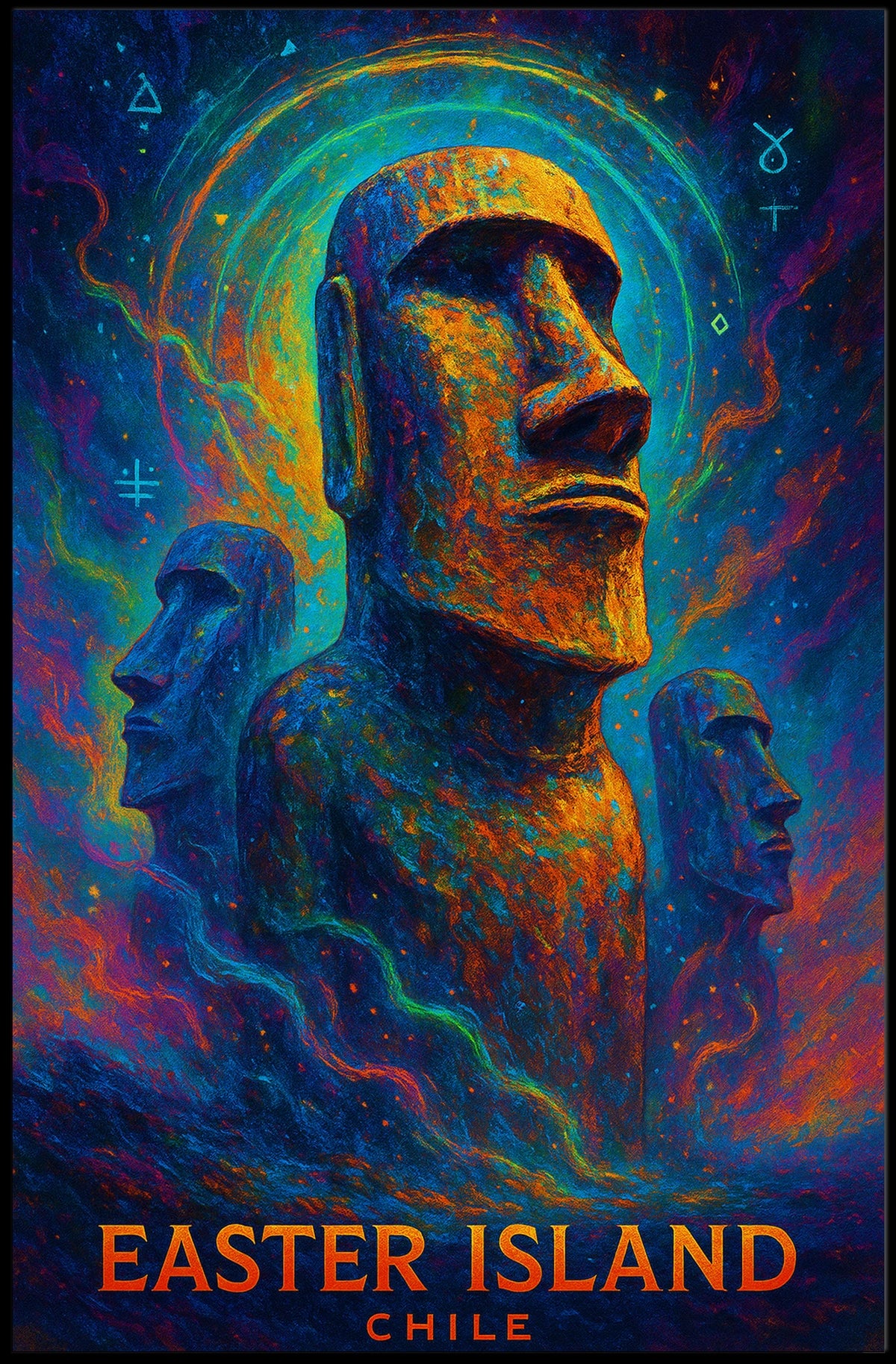 The poster showcases Easter Island, with a focus on the iconic Moai statues, Travel Poster