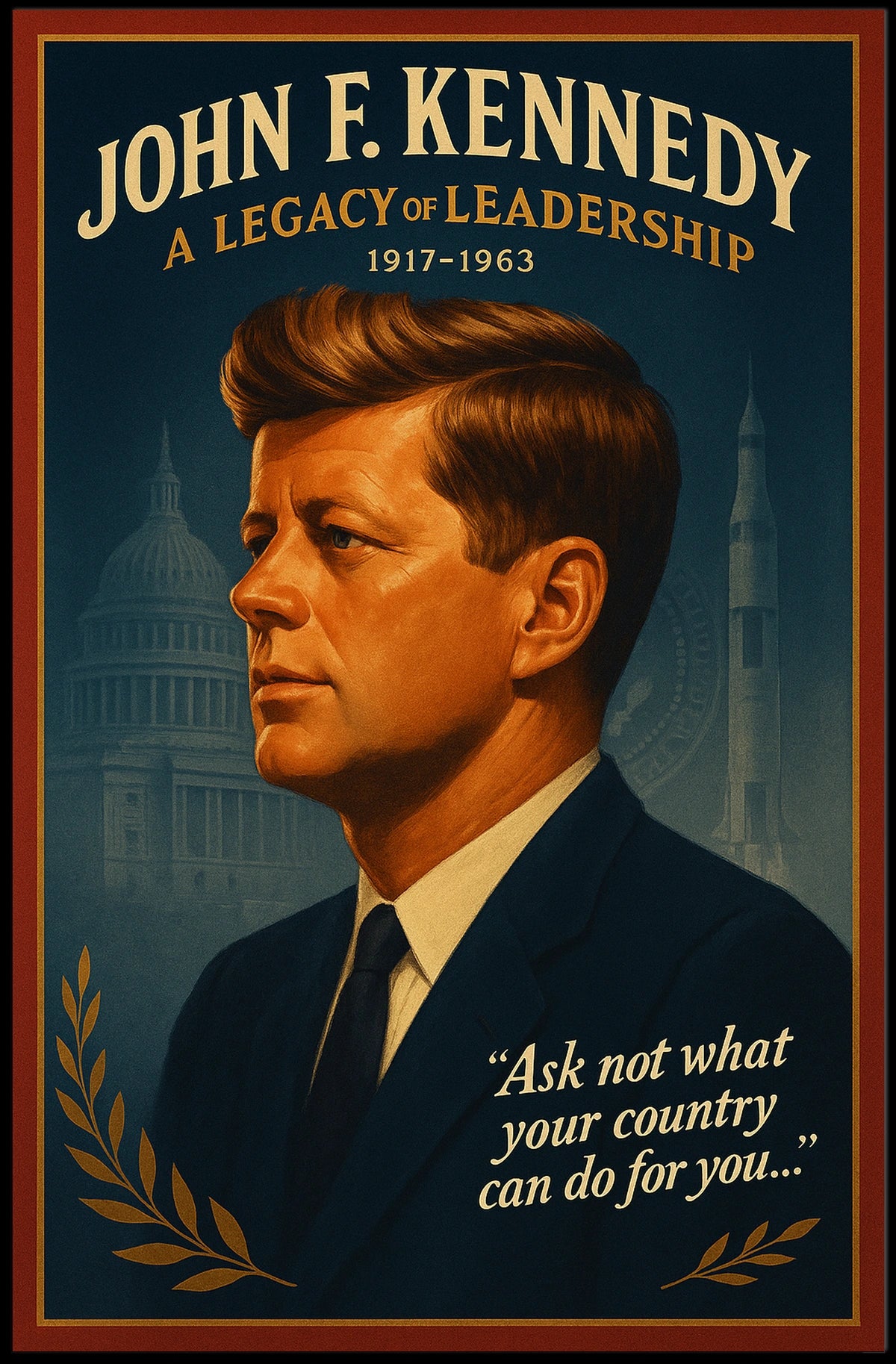The poster is a vintage-inspired tribute to John F. Kennedy, emphasizing his leadership Travel Poster