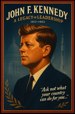 The poster is a vintage-inspired tribute to John F. Kennedy, emphasizing his leadership Travel Poster