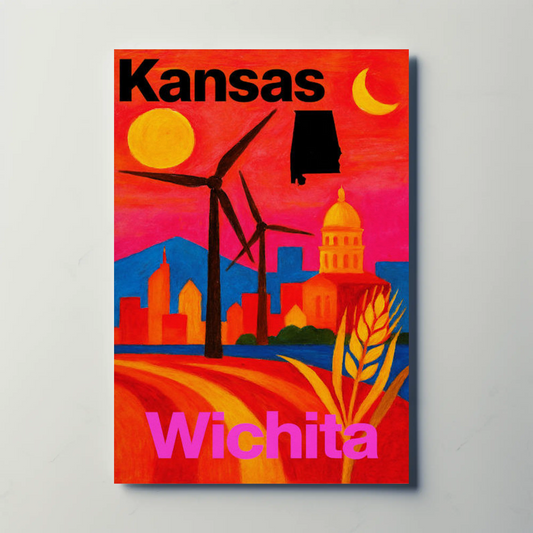 Wichita Kansas Windmills Capitol Landscape Travel Poster