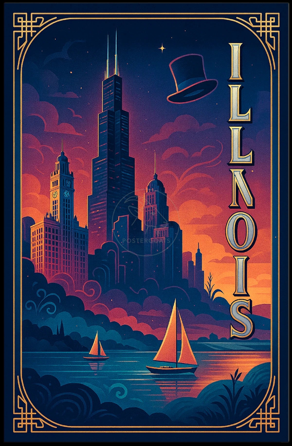 Illinois Vintage Cityscape with Whimsical Charm Urban or Cityscape Poster