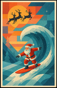 Santa Surfing Retro Holiday Adventure Poster