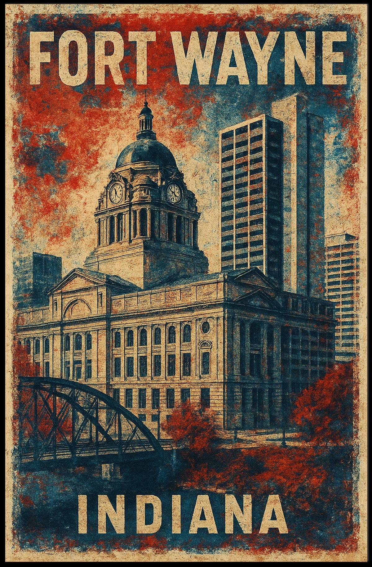 Fort Wayne Indiana Cityscape Vintage Wanderlust Poster