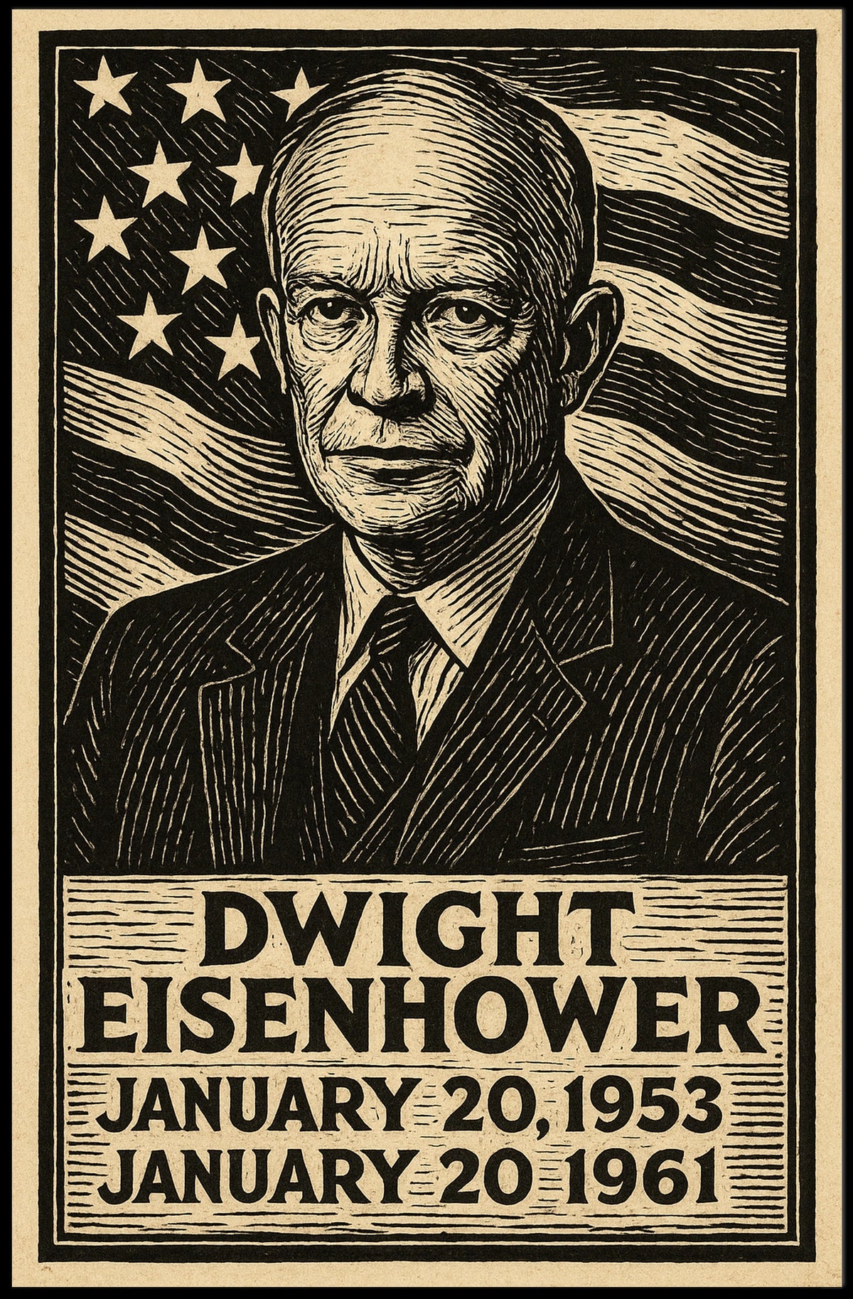 Eisenhower Patriotic Woodcut Vintage Poster