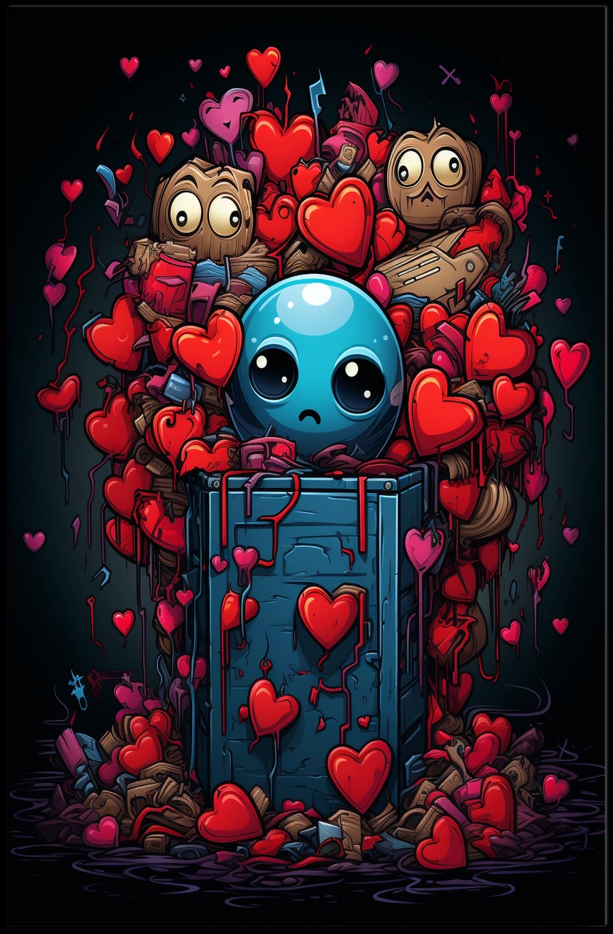 Whimsical Heart Explosion: Surreal Cartoon Art Poster