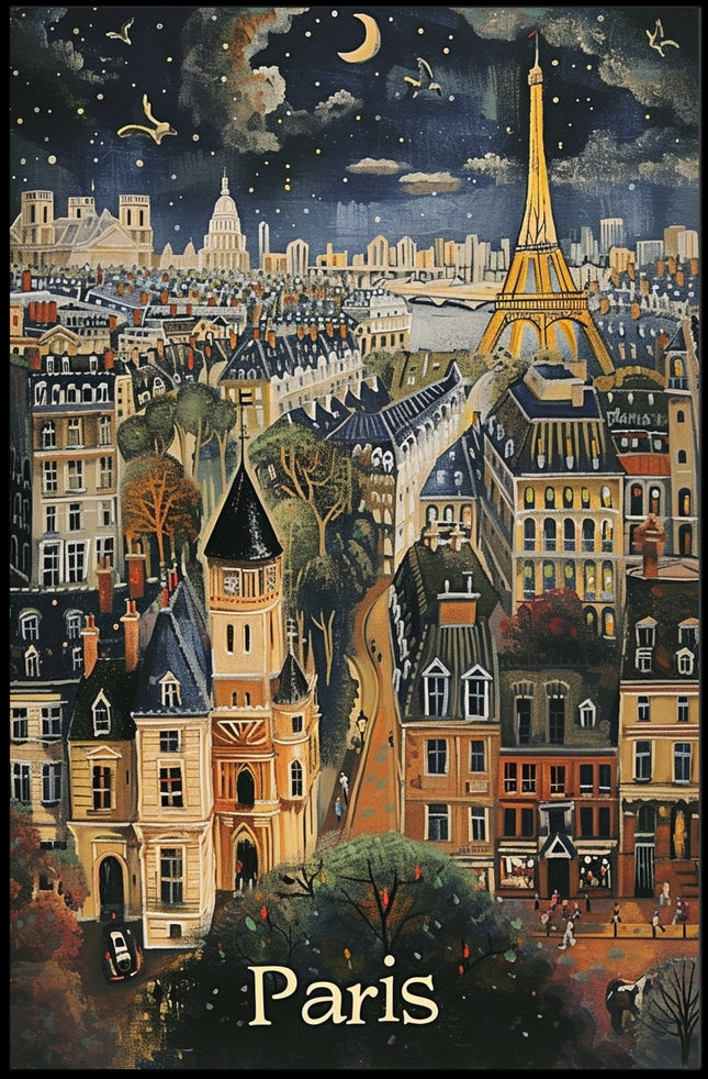 Whimsical Paris Nightscape: Enchanting Travel Poster