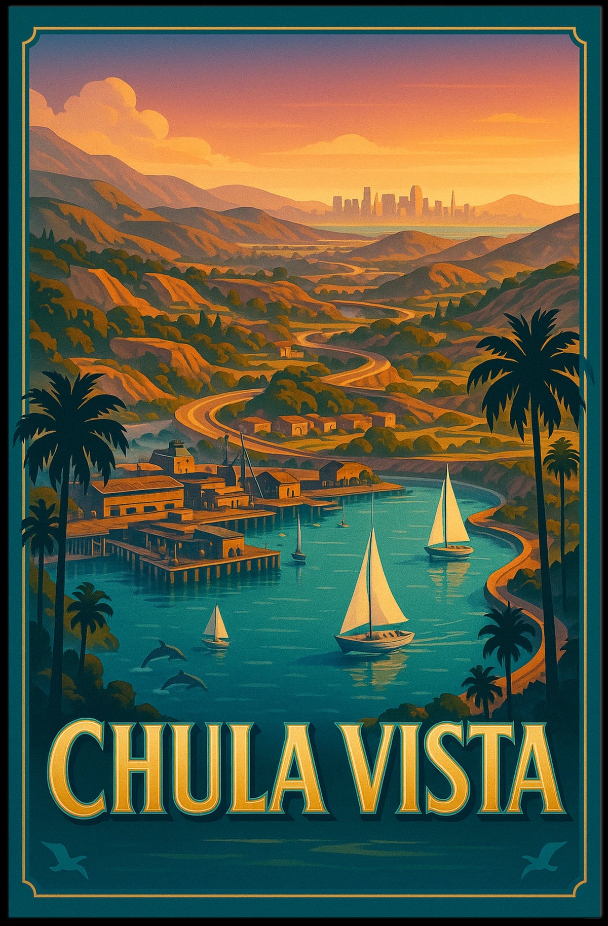 Chula Vista Scenic View Vintage Coastal Sailboats Poster