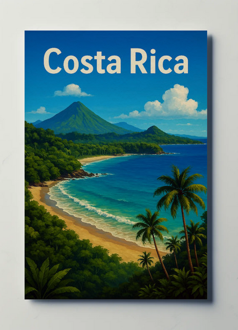 Costa Rica Tropical Coast Volcano View Travel Poster