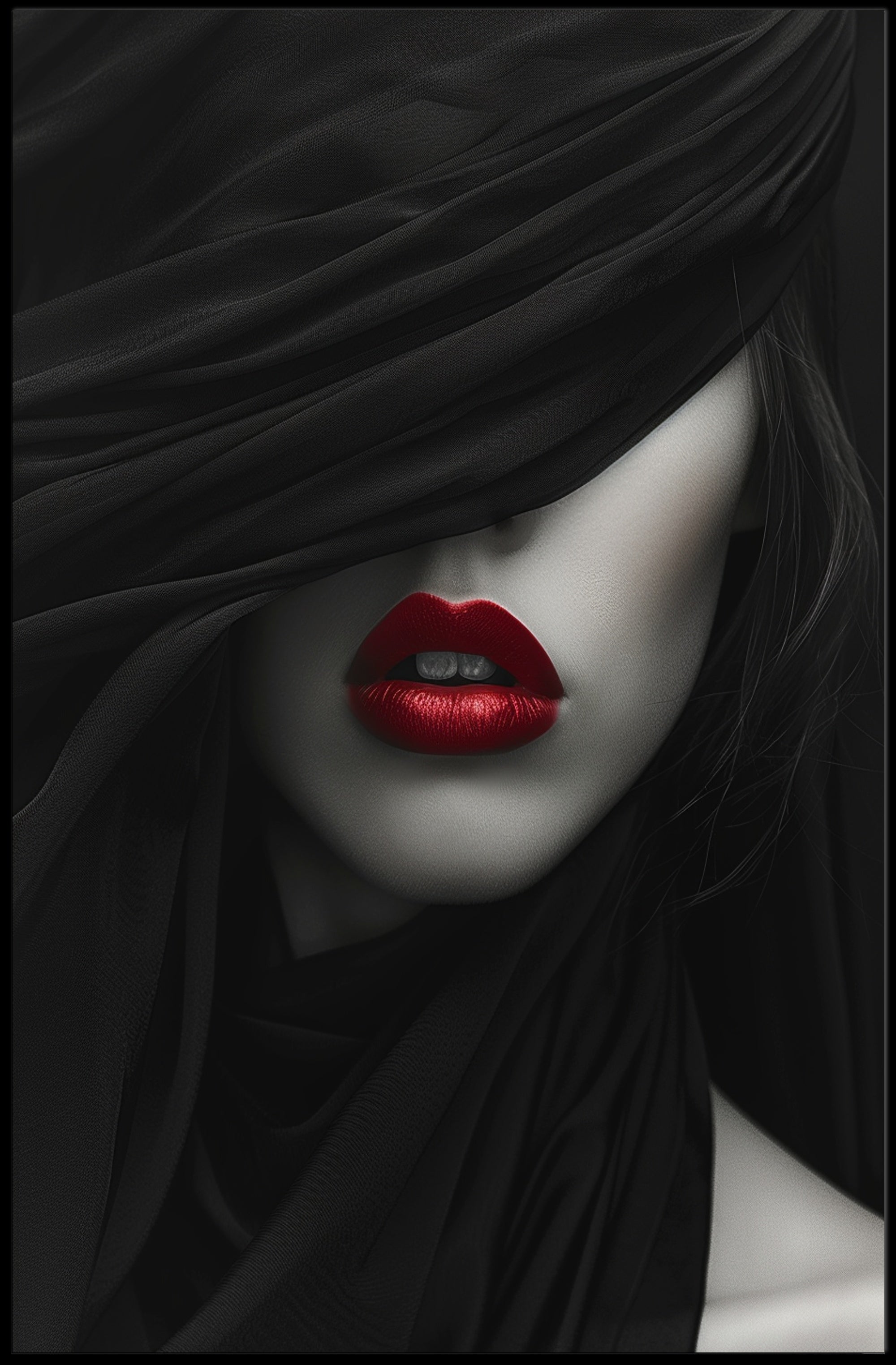 Enigmatic Woman Poster: Artistic Close-up with Bold Red Lips PosterGoat