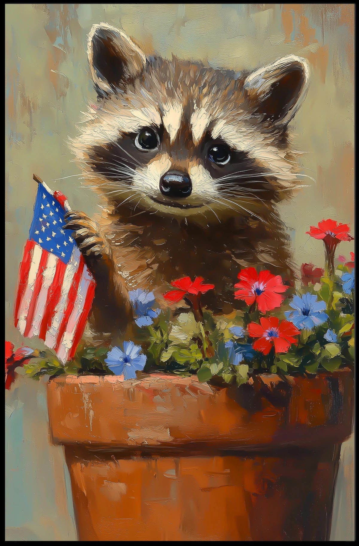 raccoon popping out of a large clay flowerpot Poster