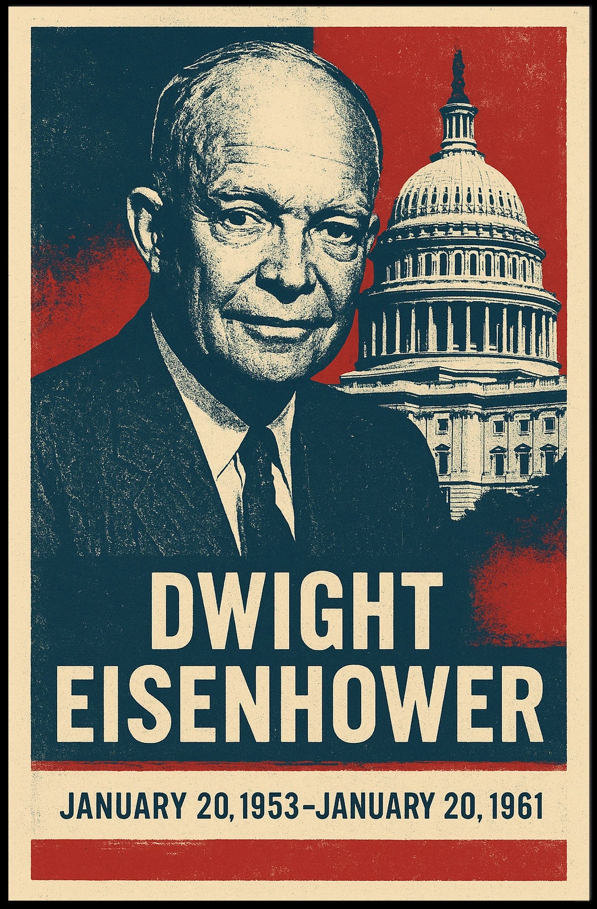 Iconic Eisenhower Patriotism Vintage Silkscreen Leadership Capitol Silhouette Midcentury Americana Tribute Poster