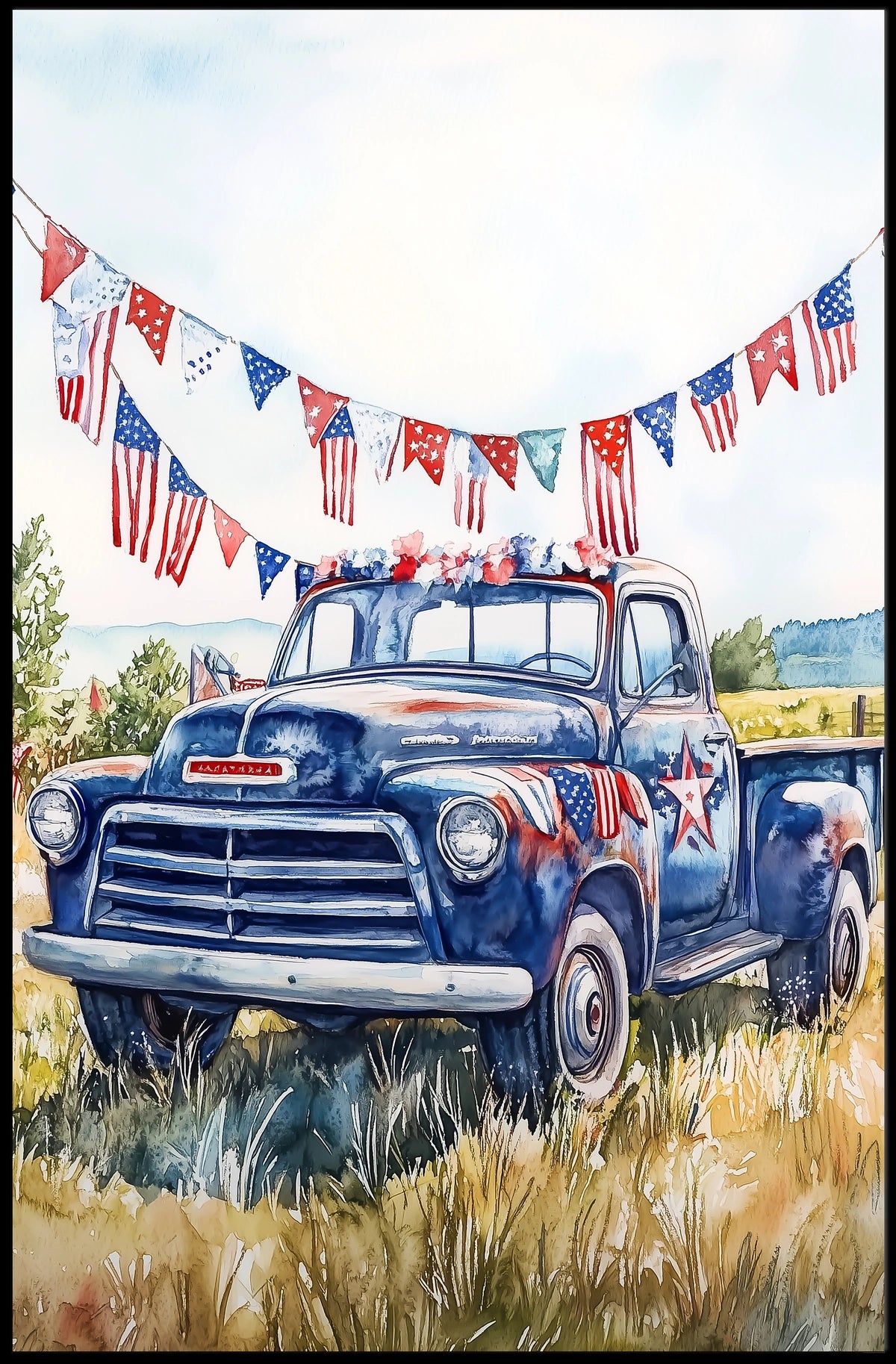 pickup truck parked in a sunny field Poster