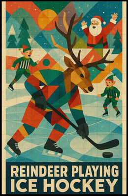 Reindeer Playing Ice Hockey Poster