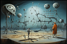 Surreal Dreamscape with Explorers: Futuristic Sci-Fi Poster