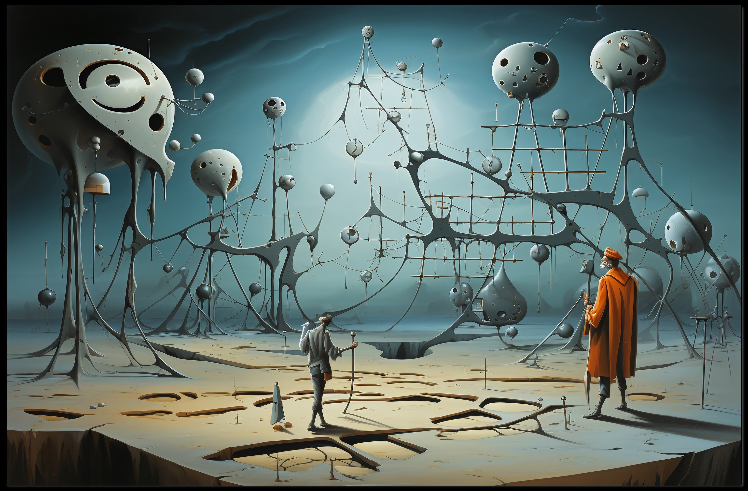 Surreal Dreamscape with Explorers: Futuristic Sci-Fi Poster