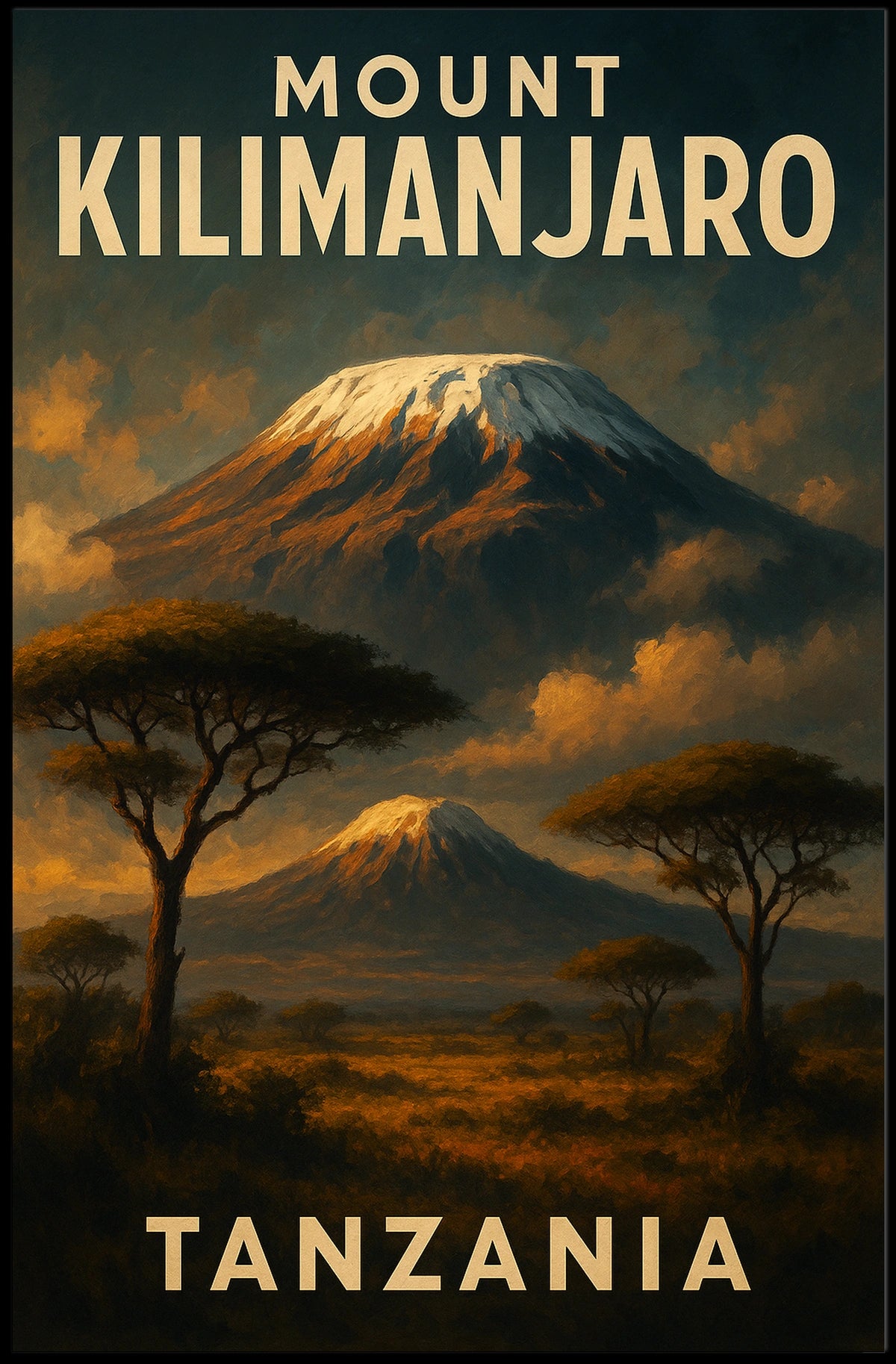 Kilimanjaro Majestic Vintage Travel Painterly Watercolor Nostalgic African Landscape Poster