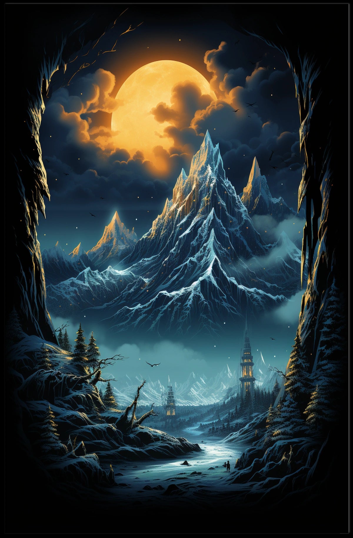 Fantastical Full Moon Mountain Landscape Futuristic Sci-Fi Poster