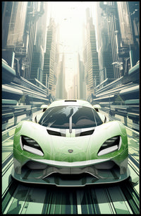 Futuristic Supercar in a Modern Cityscape Poster PosterGoat