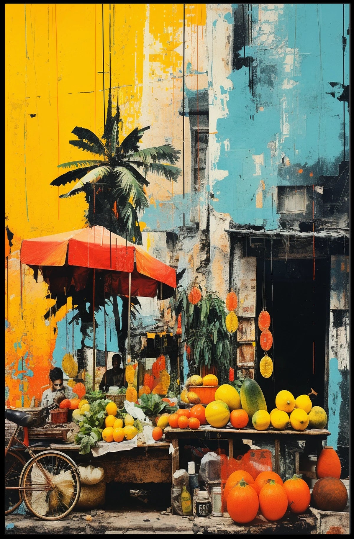 Tropical Market Scene in Vibrant Travel Poster