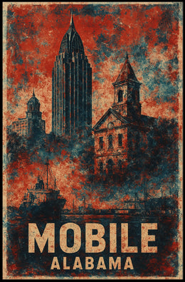 Mobile Alabama Vintage Cityscape Retro Eighties Art Deco Travel Architecture Heritage Inspired Gulf Coast Poster