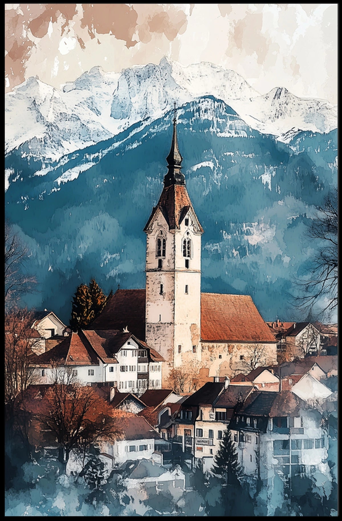 Liechtenstein Balzers Church and Mountains View Poster