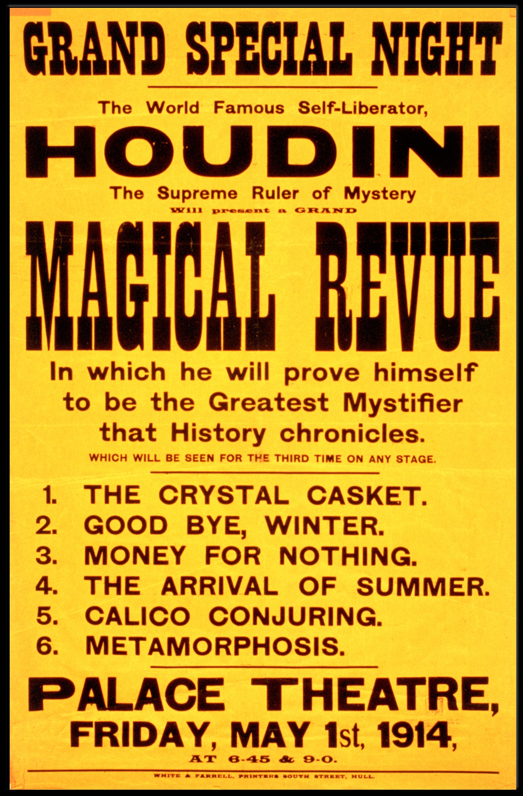 Houdini Magic Show Vintage 1914 Cultural or Heritage Poster