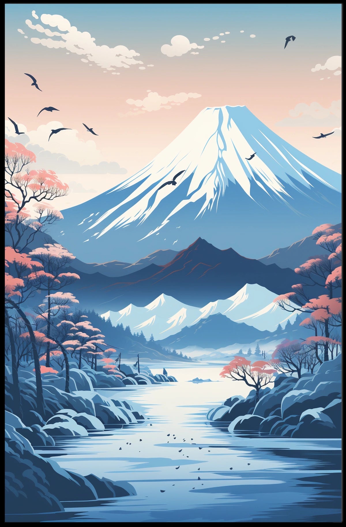 Serene Japanese Landscape with Cherry Blossoms Cultural Poster