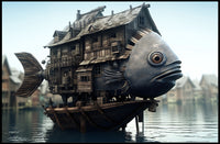 Whimsical Houseboat Scene on Fantasy Poster