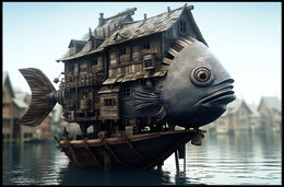 Whimsical Houseboat Scene on Fantasy Poster