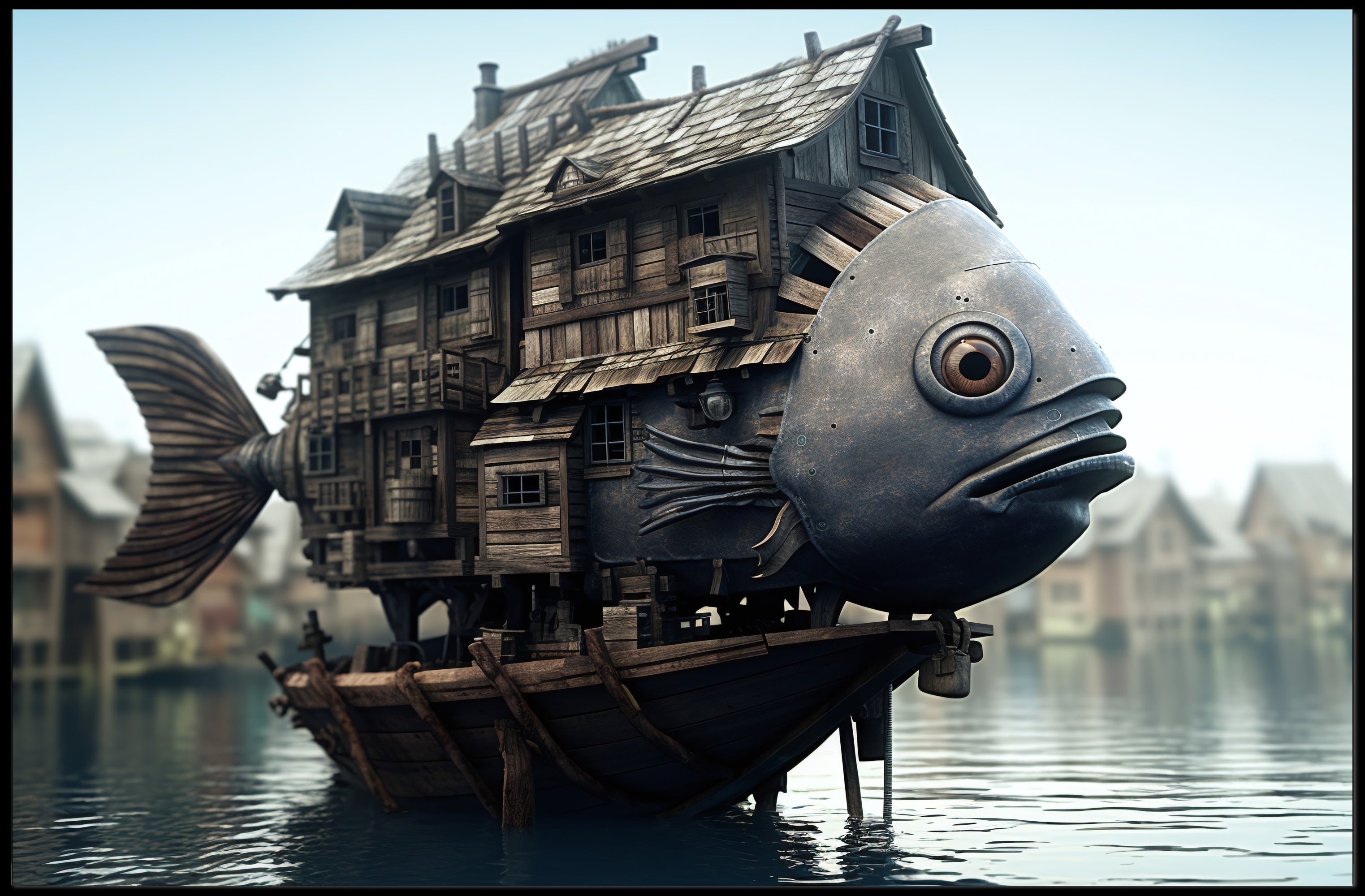 Whimsical Houseboat Scene on Fantasy Poster