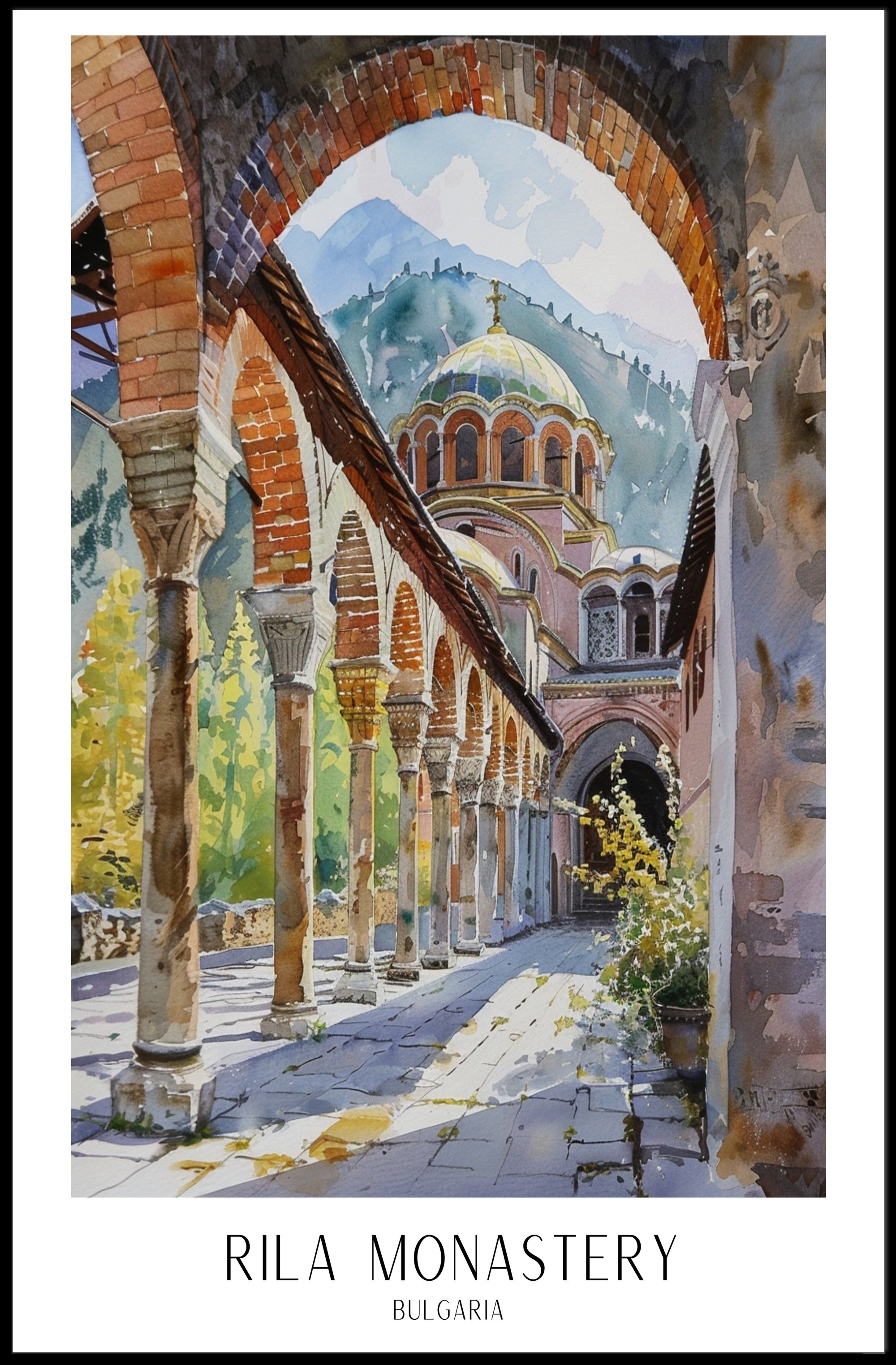 Rila Monastery Watercolor Painting Cultural or Heritage Poster PosterGoat