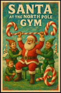 Santa's Whimsical Workout Festive Pop Culture Poster