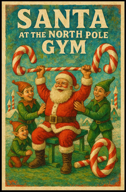 Santa's Whimsical Workout Festive Pop Culture Poster