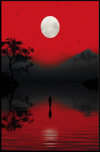 Solitary Reflection Under A Crimson Sky Poster