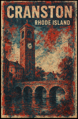 Cranston Clock Tower Cityscape Nostalgic Art Deco Poster