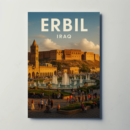 Erbil Iraq Citadel Market Fountains Travel Poster