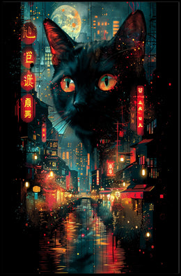 Surreal Cityscape Poster with Floating Black Cat