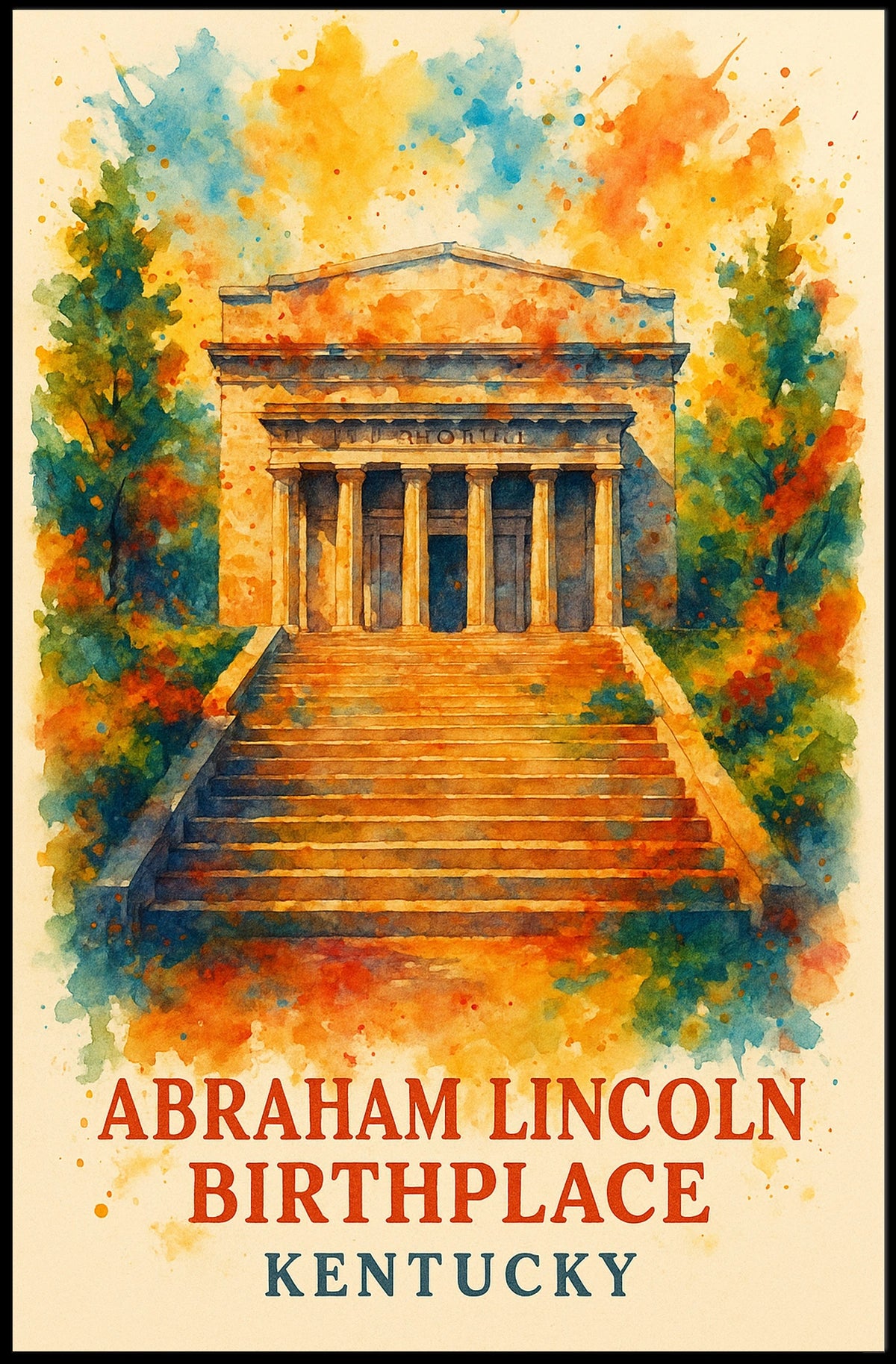 This poster features a depiction of the Abraham Lincoln Birthplace, located in Kentucky. Travel Poster