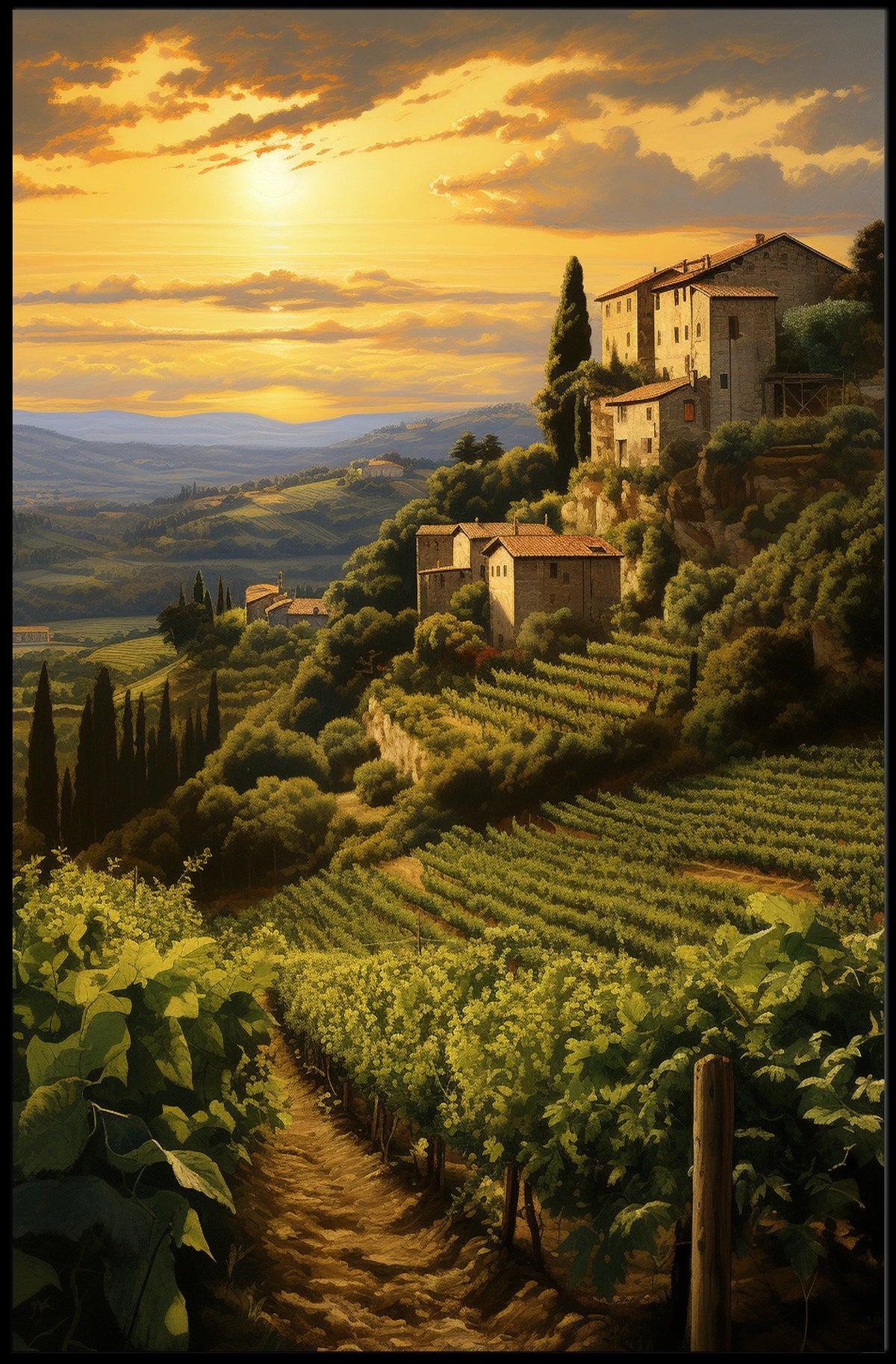 Tuscany Vineyard Sunset: Romantic Landscape Travel Poster