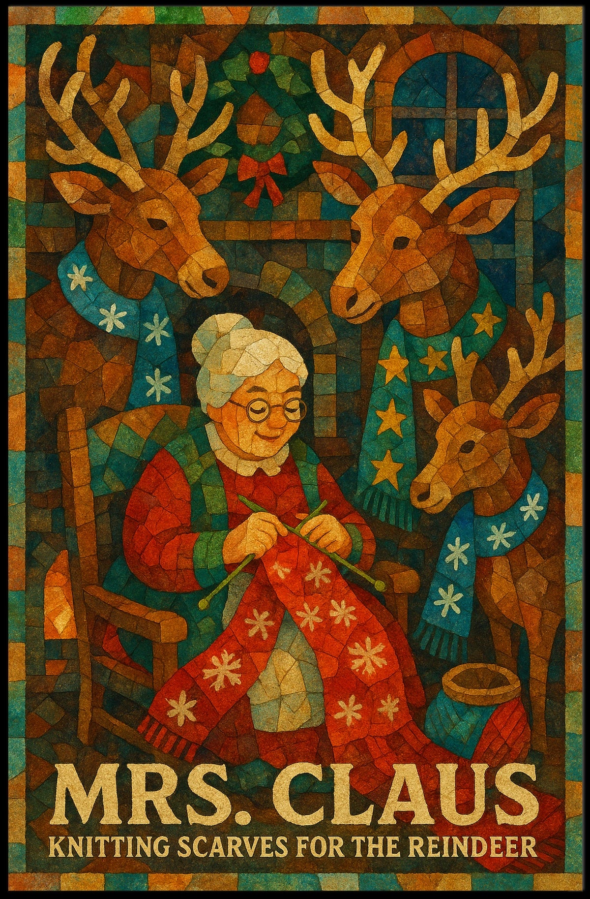 Mrs. Claus Knitting Scarves Poster