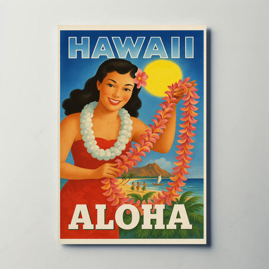 Vintage Hawaii Girl Lei Diamond Head Beach Travel Poster