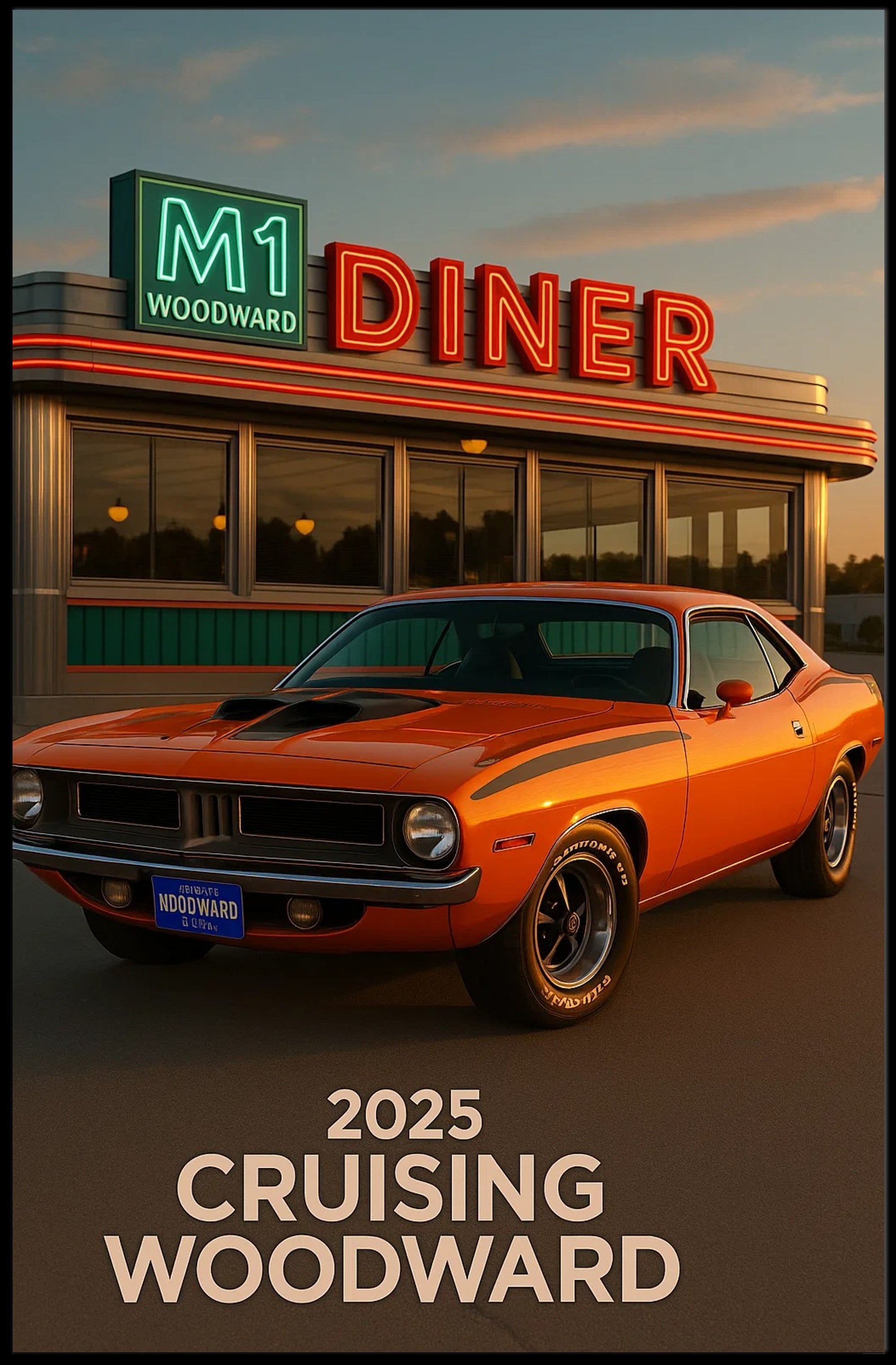 Classic Muscle Car and Diner Scene Retro Travel Poster